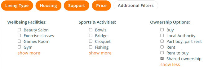 Additional filter - Shared Ownership selected