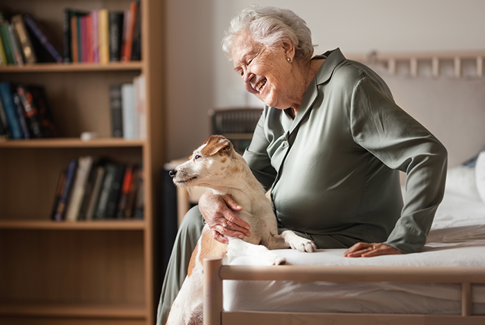 Smiling senior woman with her small dog sitting on a bed