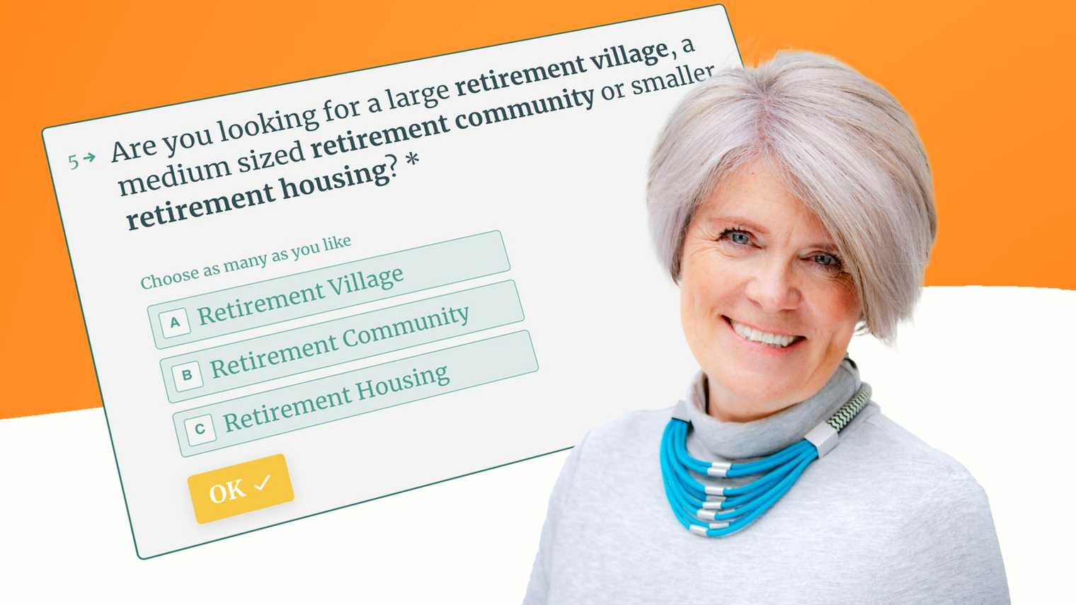 Graphic showing Debbie Harris, Founder of Autumna and a retirement living shortlisting questionnaire