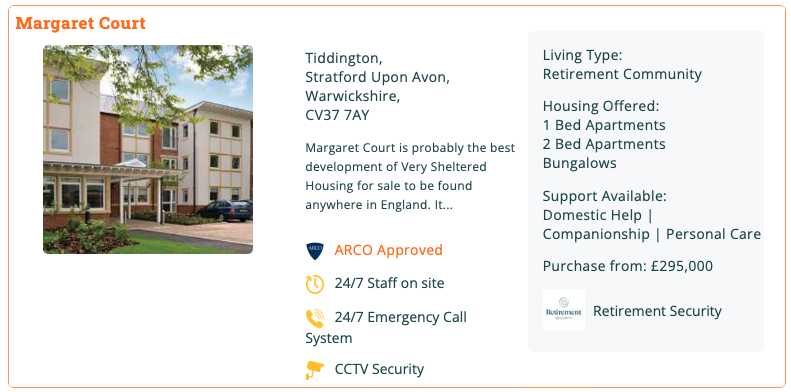 Screenshot of Autumna care home website showing the care filter options