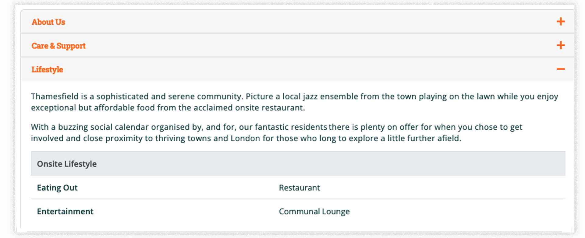 Screenshot of Thamesfield Retirement Village Autumna profile - Lifestyle section