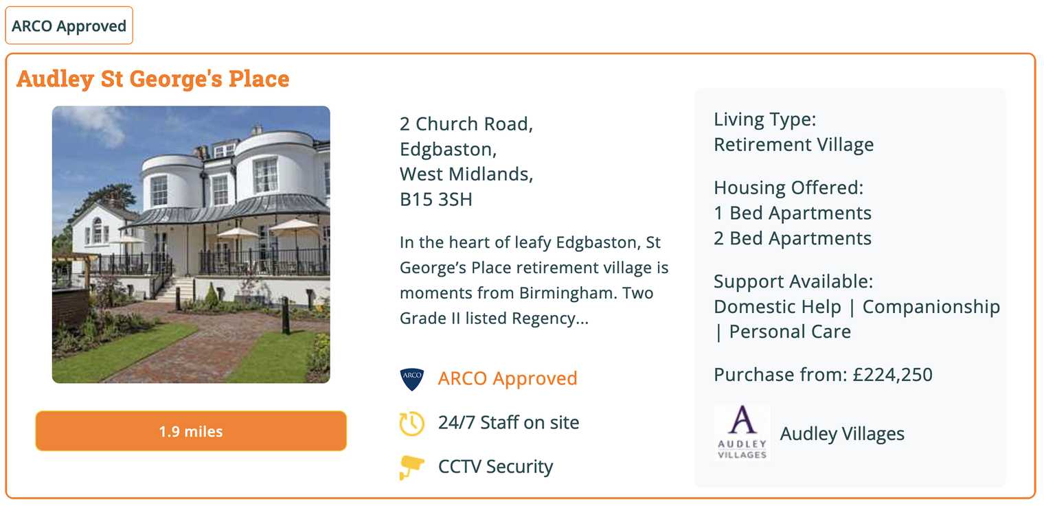 Example of a retirement living listing on Autumna that shows the ARCO badge
