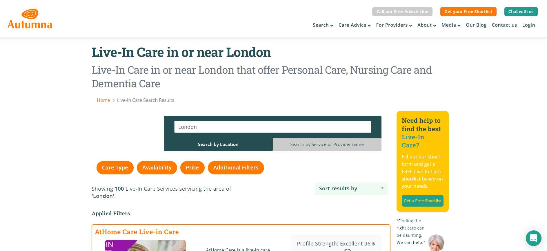 Screenshot of live in care agencies in London