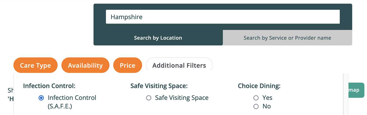 Screenshot of the S.A.F.E infection control filter applied to a care home search