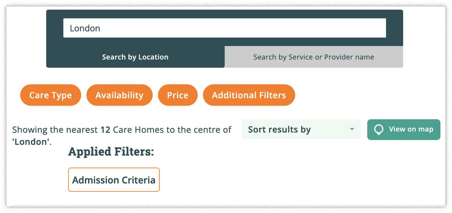 Screenshot showing a search in London for Jewish Care homes