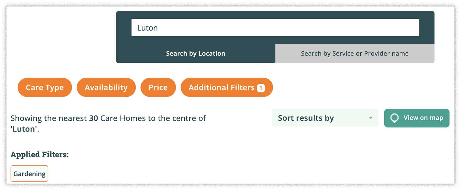 A screenshot showing a search for care homes in or around Luton that list gardening as an activity