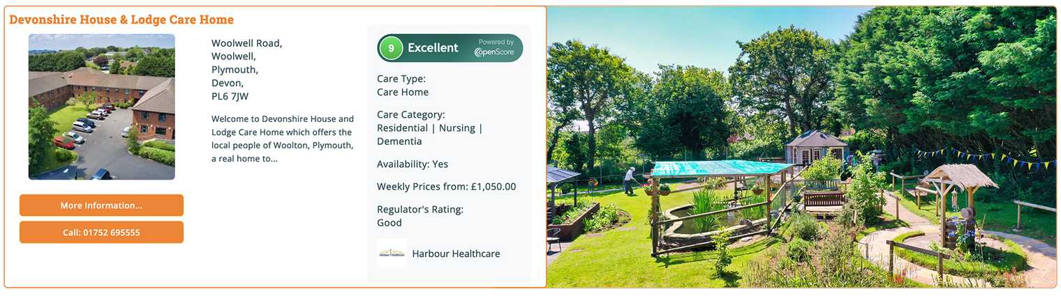 Devonshire House and Lodge care home profile on Autumna plus a picture of the garden