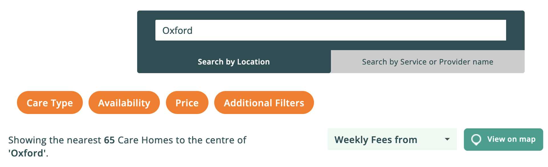 Screenshot showing a search for care homes in Oxford on Autumna
