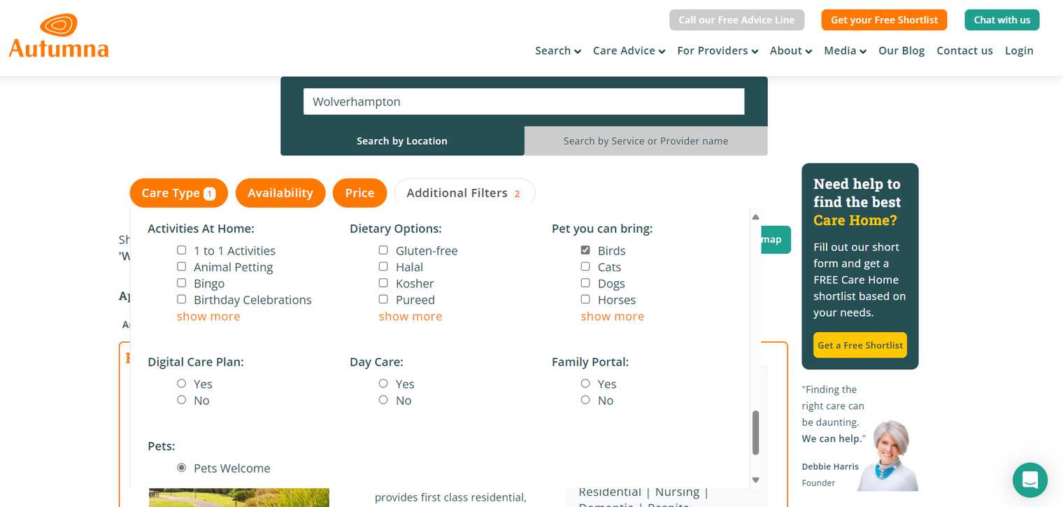 Screenshot showing how to find pet friendly nursing homes in Wolverhampton