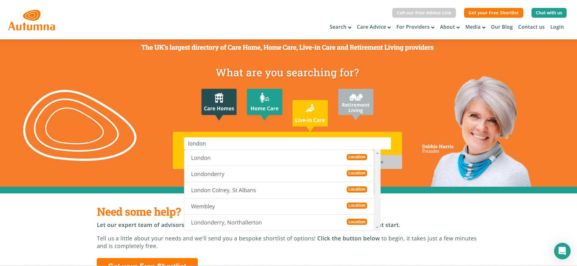 Screenshot of live in care search directory on Autumna