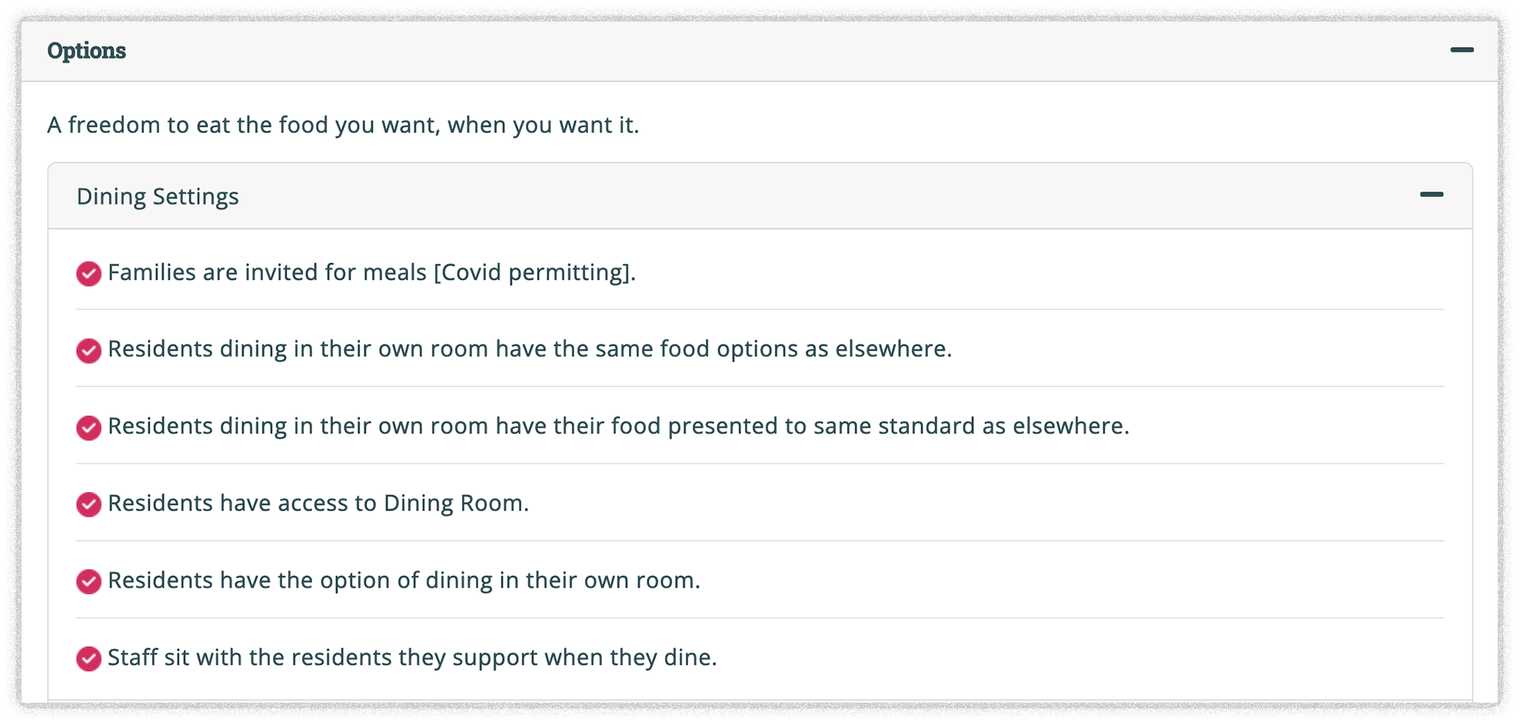 Screenshot showing how to find out if families are welcomed to eat at care homes with their relatives