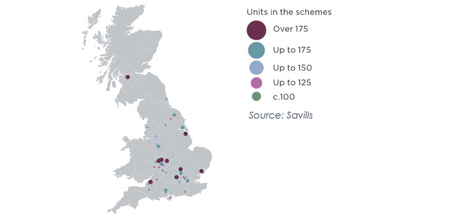 Savills graph showing showing more senior living schemes in urban locations