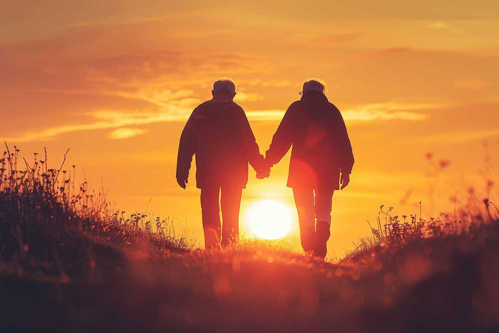 Two elderly people wlaking down the beach in the sunset one last time as they hold hands 5 stages of palliative care