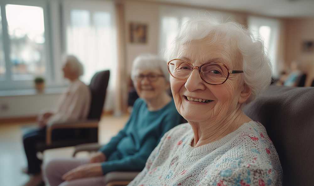 Elderly woman sitting and smiling in a line with others at adult day care centre