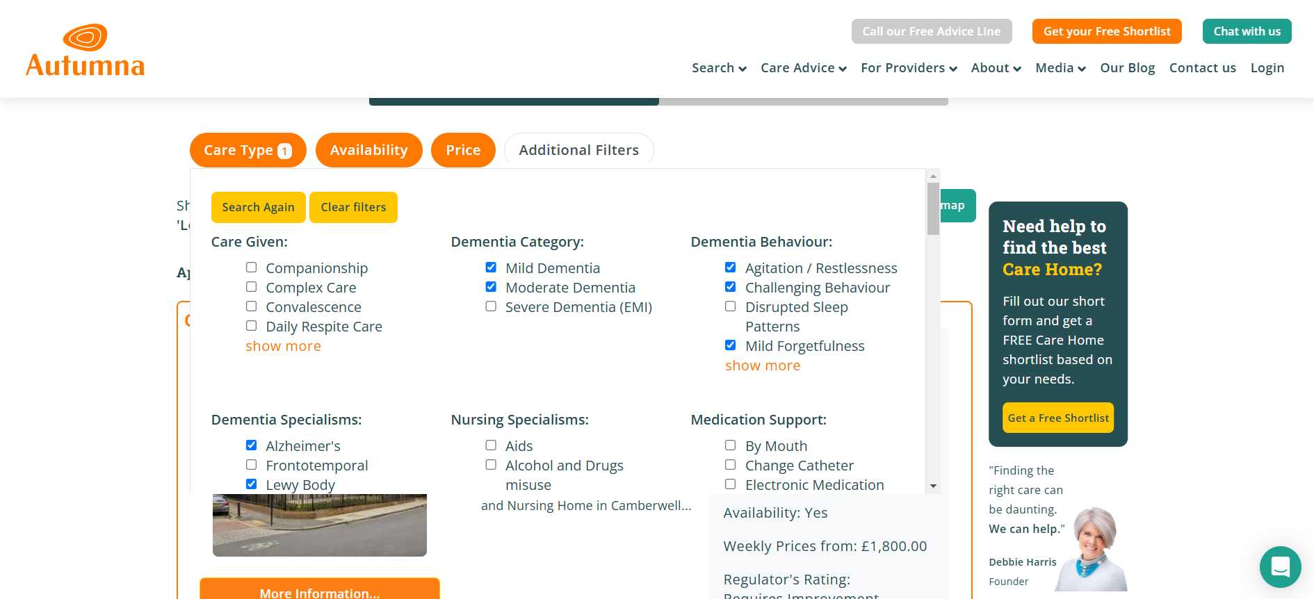 Dementia care home searches