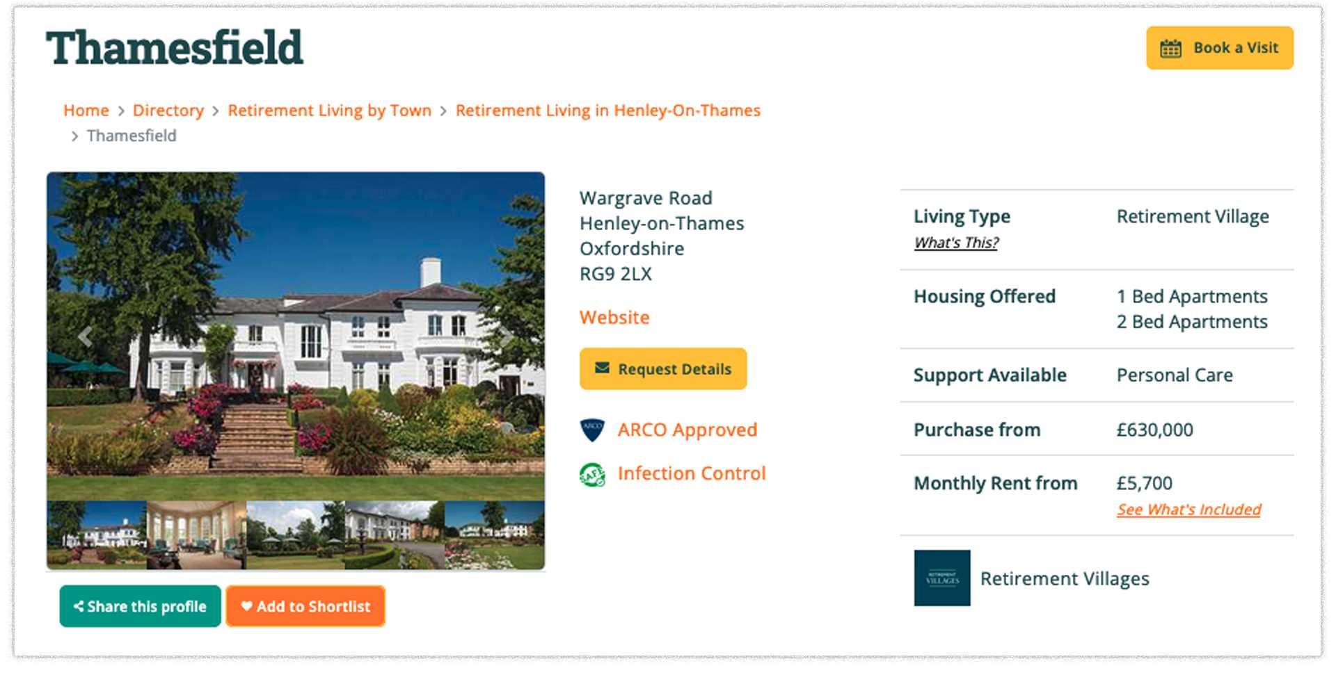 Screenshot of Thamesfield Retirement Village profile on Autumna