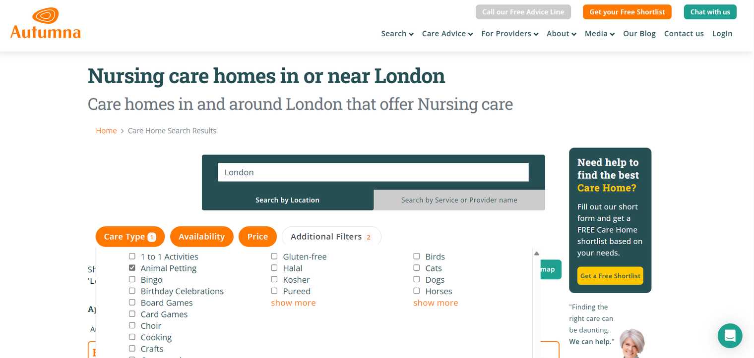 Screenshot of how to search for nursing homes that allow animal petting