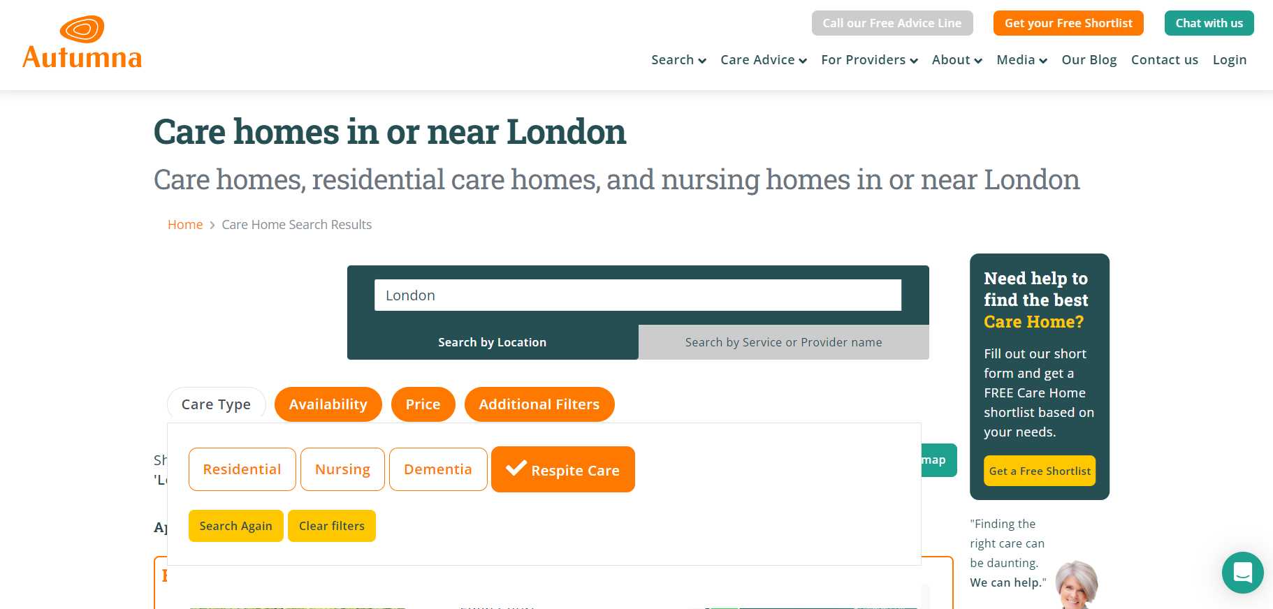 How to find a short term residential respite care home screenshot of Autumna directory