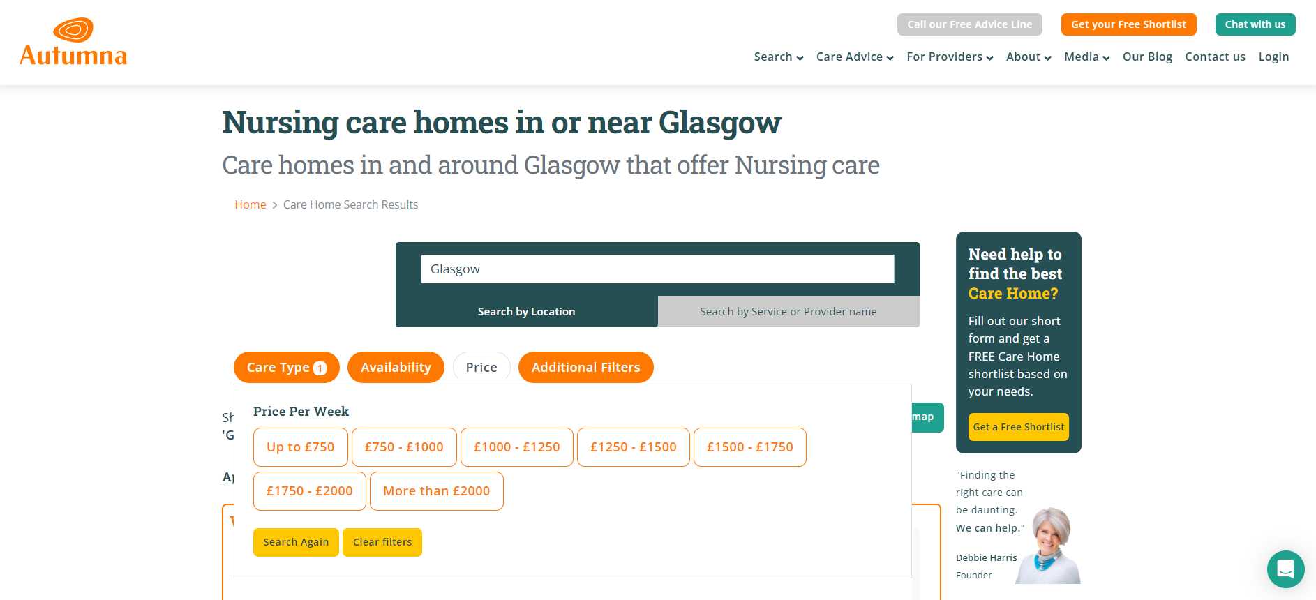 Screenshot showing filtering by price on Autumna care home directory