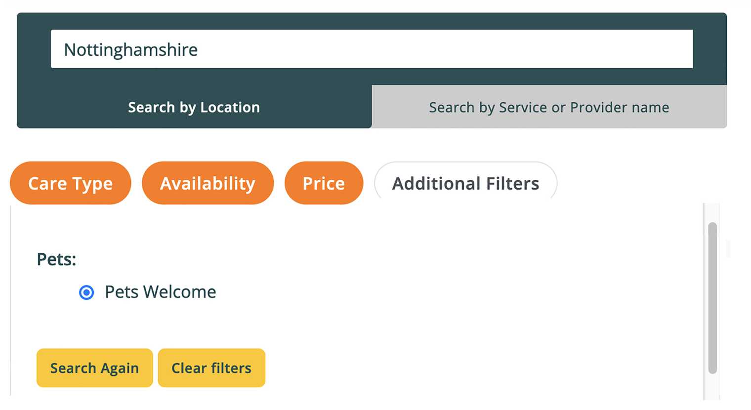 Screenshot showing a search for pet-friendly care homes in Nottinghamshire on Autumna