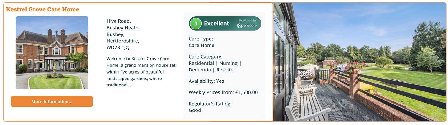 Kestrel Grove care home profile on Autumna plus a picture of the garden