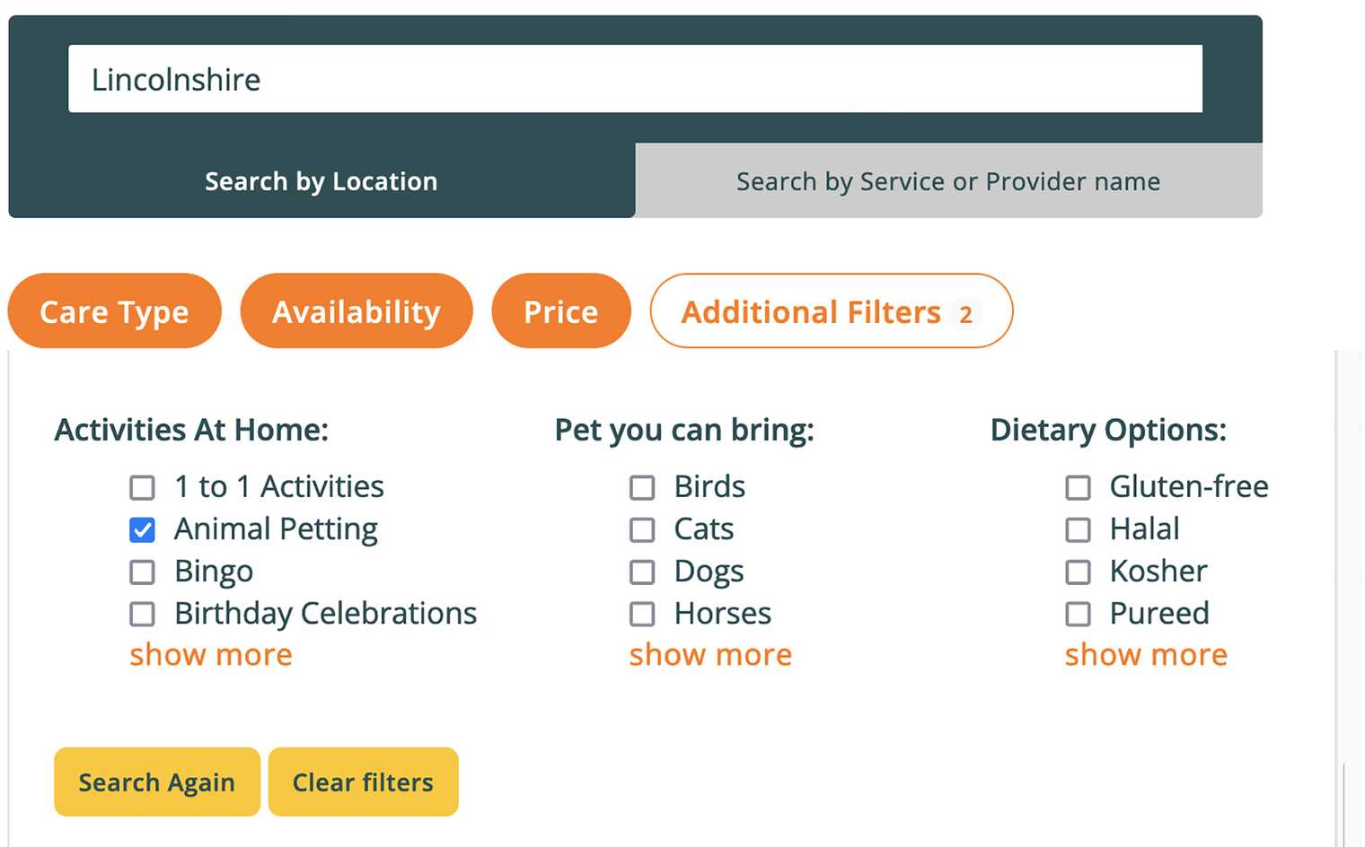 Screenshot showing a search on Autumna for care homes in Lincolnshire that offer pet therapy
