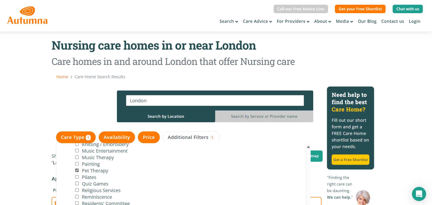 Screenshot showing how to search for nursing homes that use pets as therapy