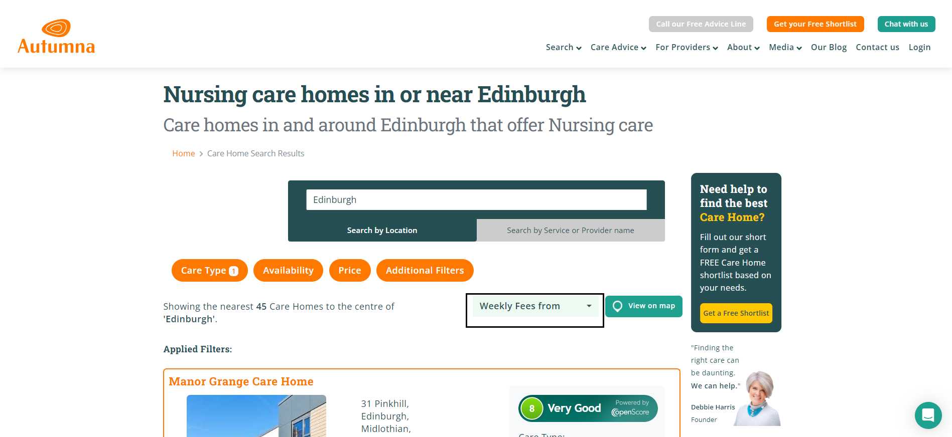 Screenshot of Autumna search results showing care homes in Edinburgh