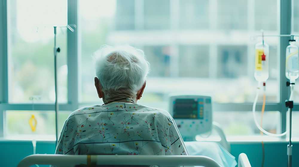 Old man with his back to the camera facing health monitor in Discharge to Assess