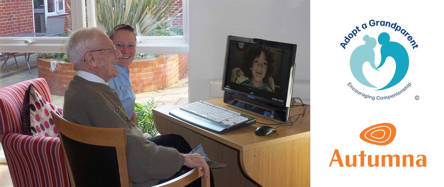 Care home resident on a video call with an 'adopted grandchild'