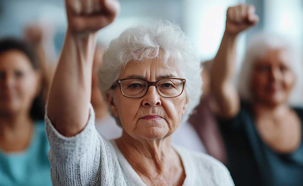What rights do residents have in a care home. Old lady with fists in air