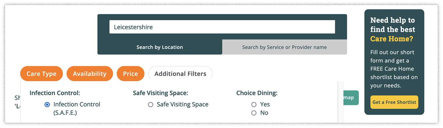 A screenshot showing a search for care homes displaying the S.A.F.E badge in Leicestershire.