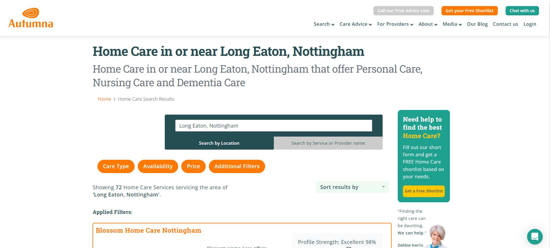 Screenshot of Autumna search results showing types of care homes for elderly people