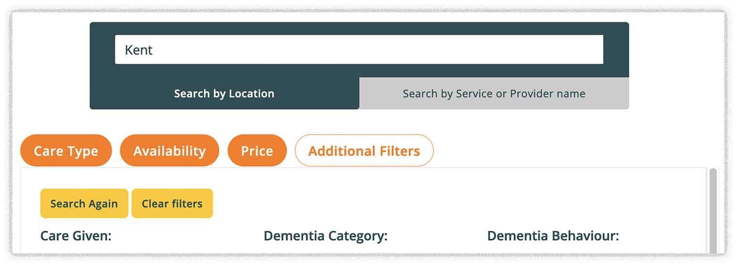 Screenshot showing additional filters selected in a search for Kent care homes on Autumna