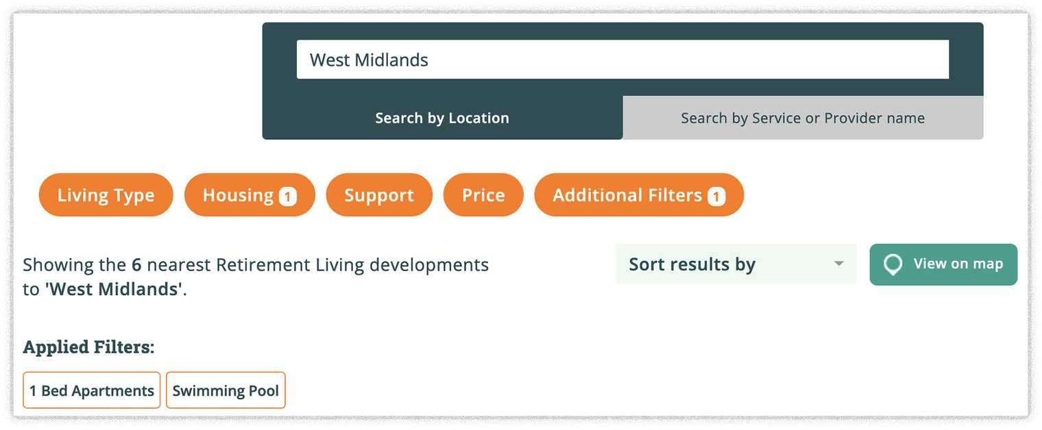 Screenshot of a search for retirement developments in or around the West Midlands with a swimming pool