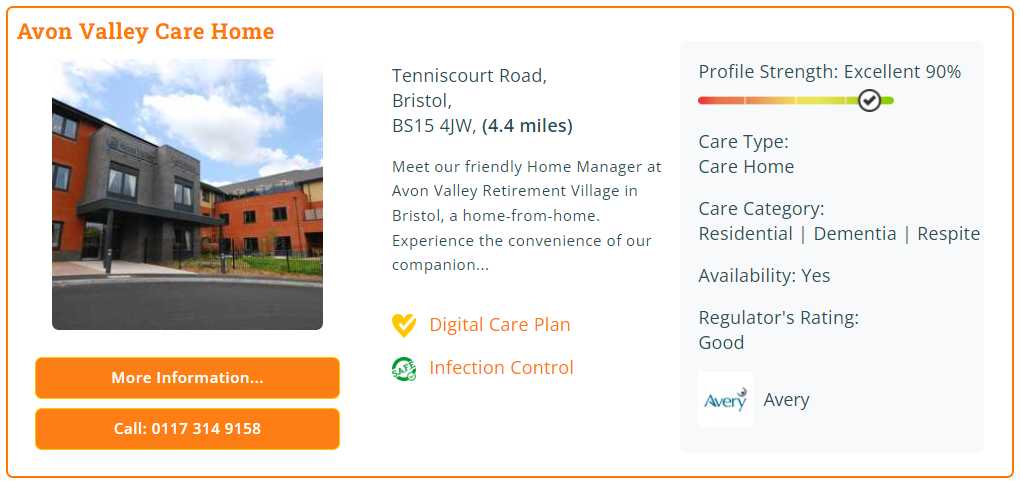 Avon Valley Care Home result page example