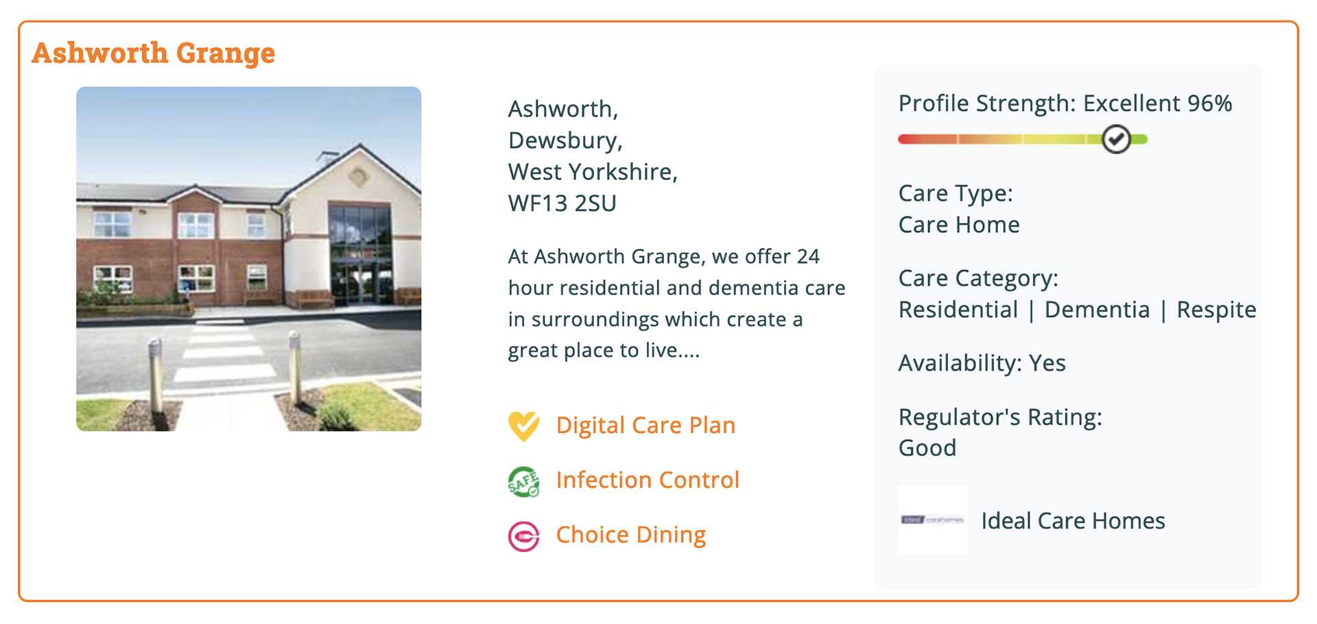 Autumna care home directory listing displaying the CHOICE Dining Badge