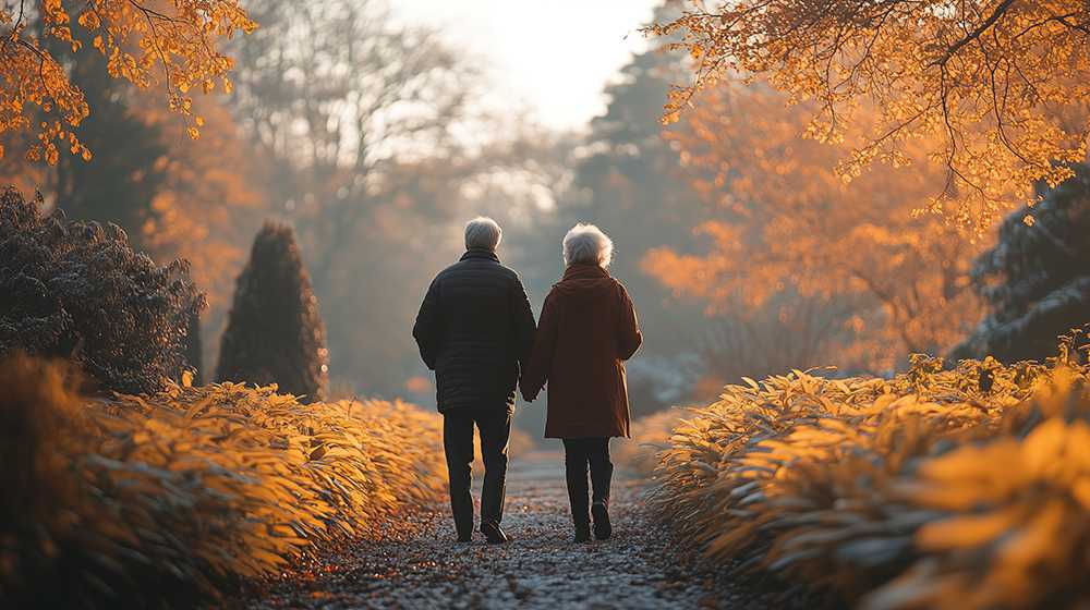 Elderly couple walking through forest in blog about who pays for palliative care