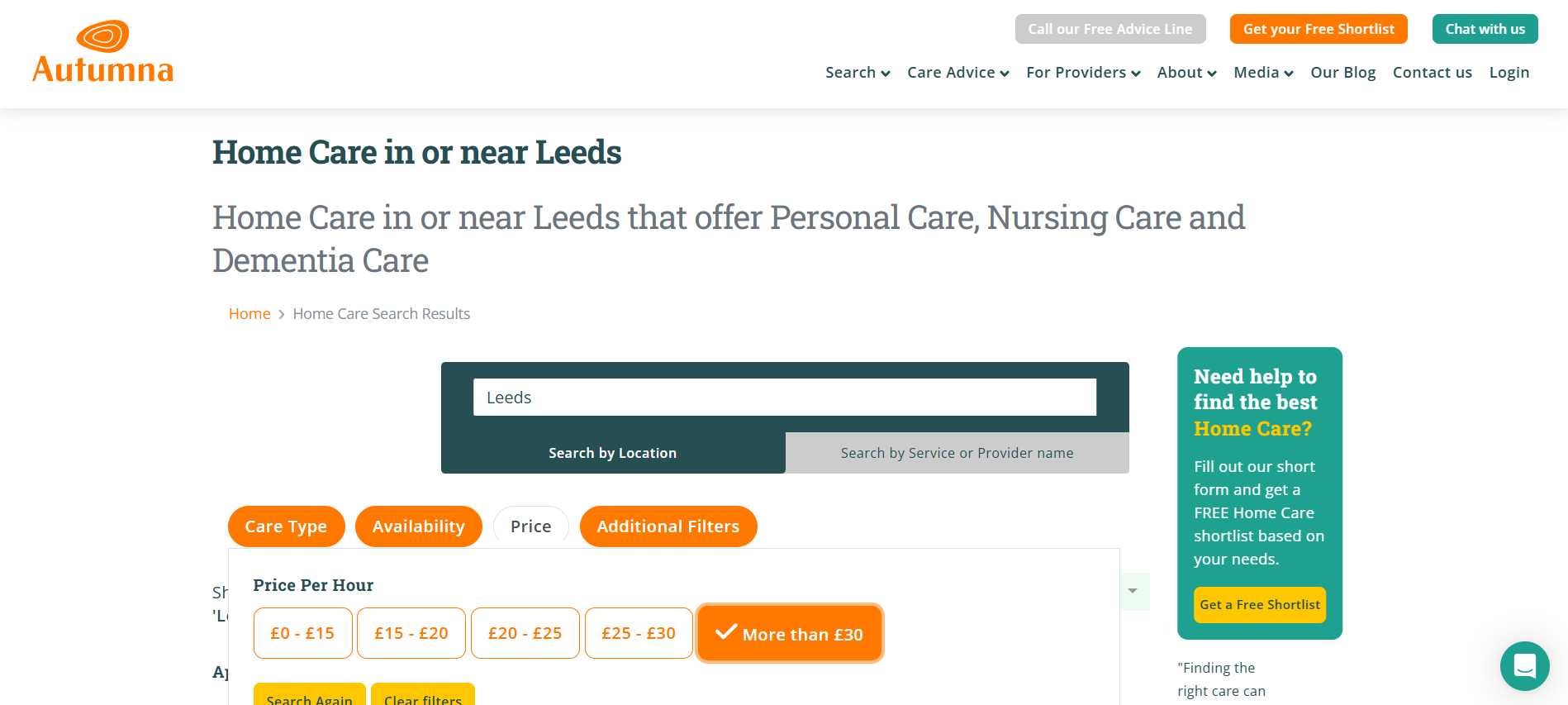 Care provider live in care search