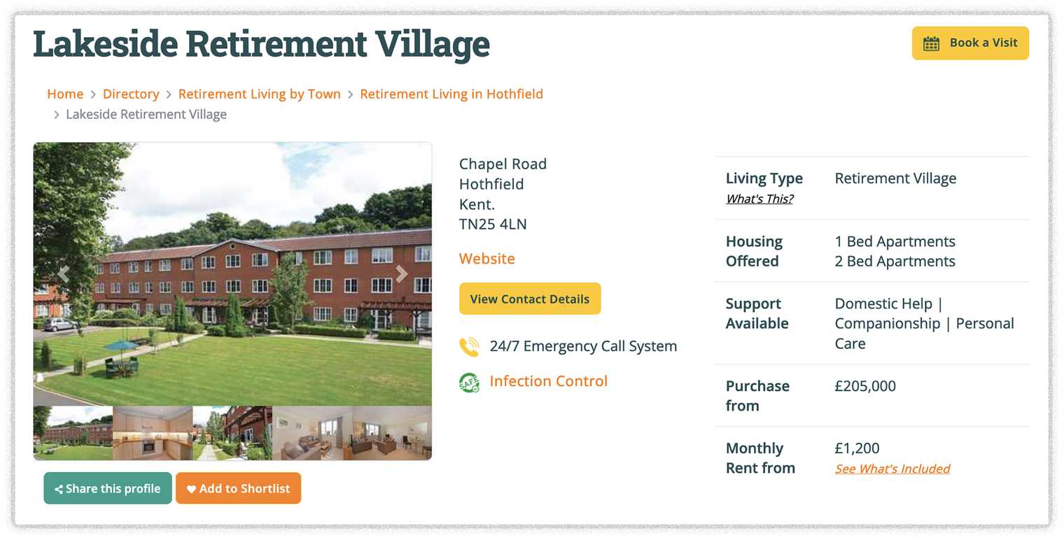 Screenshot showing Autumna listing for Lakeside Retirement Community in Kent