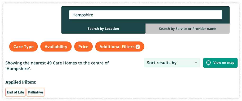 Screenshot showing a search for palliative care in Hampshire using the Autumna website