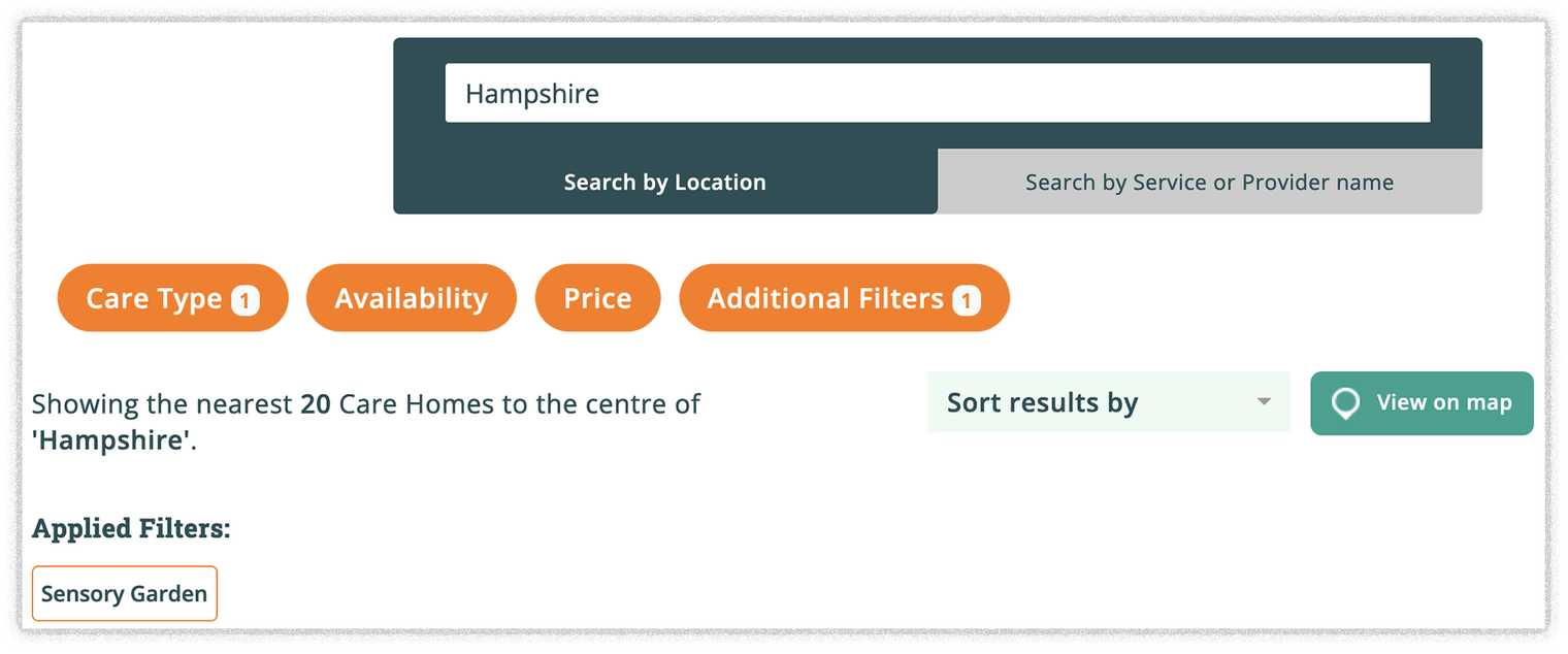 A screenshot showing a search for Hampshire care homes with a sensory garden