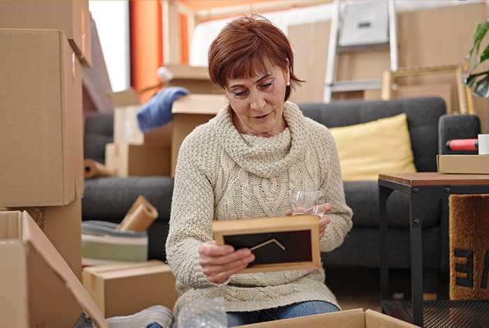 young woman holding a glass of wine, sitting amongst packing boxes, reminisces with a framed family photo